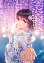 Rule 34 | 1girl, back, blurry, blurry background, blush, brown hair, commentary request, depth of field, floral print, flower, hair flower, hair ornament, highres, hiten (hitenkei), japanese clothes, kimono, looking at viewer, looking back, obi, open mouth, original, print kimono, red eyes, sash, short hair, smile, solo, upper body, white kimono, wide sleeves, wisteria