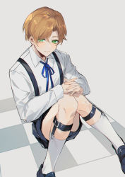 Rule 34 | 1boy, black footwear, black shorts, blue ribbon, buddy mission bond, chinese commentary, closed mouth, collared shirt, commentary request, grey background, highres, knees together feet apart, knees up, light brown hair, long sleeves, looking at viewer, luke (buddy mission bond), male focus, neck ribbon, on floor, own hands clasped, own hands together, ribbon, shin strap, shirt, shoes, short hair, shorts, simple background, sitting, sleeve cuffs, socks, solo, white shirt, white socks, yusa (yusa0751)