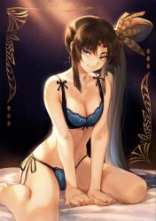 Rule 34 | 1girl, absurdres, arm support, bare shoulders, bed sheet, blue eyes, bow, bra, breasts, brown hair, cleavage, closed mouth, cone hair bun, fate/grand order, fate (series), full body, hair bun, hair ornament, highres, long hair, looking at viewer, mashuu (neko no oyashiro), panties, scan, side-tie panties, side ponytail, sidelocks, simple background, sitting, smile, solo, thighs, underwear, underwear only, ushiwakamaru (fate), wariza