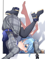 Rule 34 | 1girl, absurdres, black footwear, black thighhighs, blue eyes, blue hair, blush, closed mouth, crown, crown hat ornament, eru (l illust45), from side, grey shirt, grey skirt, hair between eyes, hashtag-only commentary, highres, hololive, hoshimachi suisei, hoshimachi suisei (1st costume), long sleeves, looking at viewer, mini crown, object on ass, plaid, plaid headwear, plaid shirt, plaid skirt, shadow, shirt, simple background, single barefoot, single thighhigh, skirt, solo, star (symbol), star print, thighhighs, unworn shoe, upside-down, virtual youtuber, white background