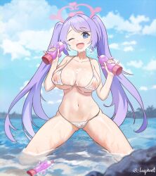 Rule 34 | 1girl, bare arms, bare legs, bare shoulders, bikini, blue archive, blue eyes, blush, breasts, cleavage, collarbone, covered navel, day, elanphant, fang, halo, hanae (blue archive), haniwa (statue), highres, kneeling, large breasts, long hair, looking at viewer, navel, ocean, one eye closed, open mouth, outdoors, pink halo, purple hair, smile, solo, swimsuit, twitter username, water, white bikini