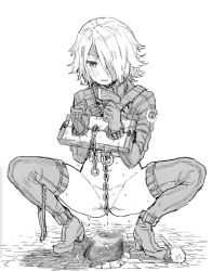 Rule 34 | 1girl, bdsm, blush, bondage, boots, bottomless, bound, buckle, chain, character request, collar, convenient censoring, female focus, hair over one eye, monochrome, slave, solo, squatting, survival yaiba, thigh boots, thighhighs