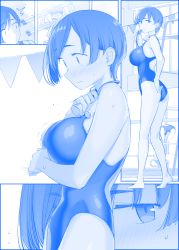 Rule 34 | 1boy, 1girl, adjusting clothes, adjusting swimsuit, ass, blue theme, blush, breasts, commentary request, diving board, faceless, faceless male, getsuyoubi no tawawa, half-closed eyes, hat, highres, himura kiseki, kneepits, ladder, large breasts, multiple views, nose blush, one-piece swimsuit, school swimsuit, short hair, surprised, sweatdrop, swimsuit, whistle