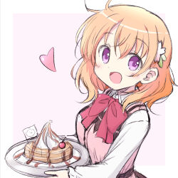 Rule 34 | 1girl, :d, blonde hair, bow, bowtie, collared shirt, gochuumon wa usagi desu ka?, hair between eyes, hair ornament, heart, highres, holding, holding plate, hoto cocoa, long hair, long sleeves, looking at viewer, na! (na&#039;mr), open mouth, pink vest, plate, purple eyes, rabbit house uniform, red bow, red bowtie, shirt, sketch, smile, solo, upper body, vest, white shirt, wing collar