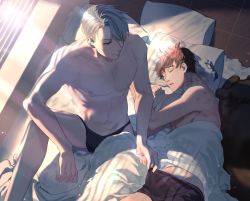 Rule 34 | 2boys, abs, animal, artist request, bed, bed sheet, bite mark, bite marks, biting, black hair, black shirt, blanket, blue eyes, bruise, clenched hand, closed eyes, dog, expressionless, glasses, half-closed eyes, happy, hickey, highres, indoors, injury, katsuki yuuri, looking at another, lying, male focus, multiple boys, nipples, pillow, shirt, short hair, size difference, sleeping, smile, sunlight, tagme, tongue, tongue out, topless male, underwear, viktor nikiforov, white hair, yaoi, yuri!!! on ice