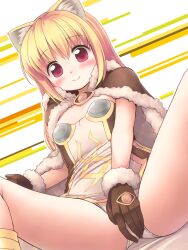 Rule 34 | 1girl, animal ear fluff, animal ears, blonde hair, blush, breasts, brown cape, brown dress, brown gloves, cape, cat ears, closed mouth, comiket 89, commentary request, covering privates, covering crotch, dress, emurin, feet out of frame, fur-trimmed cape, fur-trimmed gloves, fur trim, gloves, high wizard (ragnarok online), highres, long hair, looking at viewer, panties, ragnarok online, red eyes, short dress, small breasts, smile, solo, textless version, two-tone dress, underwear, white dress