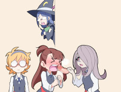 Rule 34 | 10s, 4girls, bad id, bad pixiv id, blue hair, blush, brown hair, closed eyes, glasses, hat, hidden face, kagari atsuko, kippuru, little witch academia, lotte jansson, multiple girls, mushroom, opaque glasses, open mouth, peeking out, phallic symbol, red eyes, sexually suggestive, sucy manbavaran, ursula callistis, witch, witch hat
