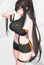 Rule 34 | 1girl, arm behind back, black hair, blush, breasts, breath, cowboy shot, duplicate, exercising, from side, hair ornament, hair over shoulder, hairclip, hayabusa, highres, large breasts, long hair, midriff, mole, mole on stomach, mole under eye, navel, orange eyes, original, parted lips, pixel-perfect duplicate, ponytail, short shorts, shorts, skindentation, solo, sports bra, sportswear, sweat, thigh strap, tight clothes, towel, towel around neck, very long hair
