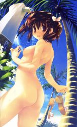Rule 34 | 1girl, ass, beach, blush, breasts, brown hair, cloud, coconut tree, dutch angle, fisheye, high heels, highres, looking at viewer, looking back, mitsumi misato, nipples, open shoes, outdoors, palm tree, red eyes, sandals, short hair, sky, small breasts, solo, sweat, third-party edit, to heart (series), to heart 2, tree, twintails, underboob, wet, yuzuhara konomi