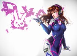 Rule 34 | 1girl, [uninstall], bodysuit, brown eyes, brown hair, character name, d.va (overwatch), facial mark, gloves, highres, logo, long hair, one eye closed, overwatch, overwatch 1, solo, un.i (protorc), whisker markings