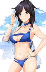 Rule 34 | 1girl, absurdres, ark royal (azur lane), ark royal (coast watcher) (azur lane), ark royal (coast watcher) (azur lane), azur lane, bikini, black hair, blue bikini, blue choker, blue eyes, breasts, center opening, choker, cleavage, cleavage cutout, clothing cutout, cowboy shot, hand on own hip, haneramu, highres, large breasts, looking at viewer, multi-strapped bikini, navel, o-ring, ocean, parted lips, short hair, solo, swimsuit