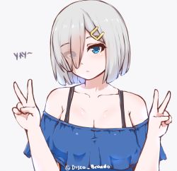 Rule 34 | 10s, 1girl, alternate costume, artist name, bare shoulders, blue eyes, blue shirt, blush, breasts, cleavage, closed mouth, collarbone, disco brando, double v, english text, expressionless, eyes visible through hair, hair ornament, hair over one eye, hairclip, hamakaze (kancolle), hand gesture, kantai collection, looking at viewer, medium breasts, off-shoulder shirt, off shoulder, shirt, silver hair, solo, upper body, v