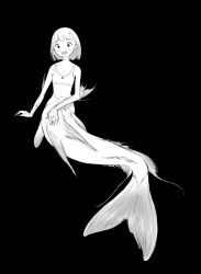 Rule 34 | 1girl, bare shoulders, black background, blunt bangs, blush, bob cut, bra, collarbone, commentary request, fins, fish tail, flat chest, greyscale, highres, hiramedousa, kneeless mermaid, looking at viewer, mermaid, monochrome, monster girl, navel, open mouth, original, short hair, solo, tail, underwear, webbed hands