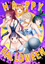 Rule 34 | 5girls, ass, blonde hair, blue eyes, breasts, character request, cleavage, copyright request, halloween, highres, large breasts, long hair, multiple girls, navel, official art, seo kouji, twintails