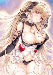 Rule 34 | 1girl, absurdres, azur lane, bare shoulders, between breasts, black dress, blush, breasts, cleavage, dress, earrings, formidable (azur lane), frilled dress, frills, grey hair, hair ribbon, highres, jewelry, large breasts, long hair, looking at viewer, panties, red eyes, ribbon, solo, traditional media, twintails, two-tone dress, two-tone ribbon, underwear, very long hair, yosaku vs hina