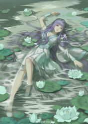 Rule 34 | 1girl, absurdres, artist request, asymmetrical sleeves, bare legs, closed mouth, dress, expressionless, flower, from above, full body, green dress, highres, in water, leg up, lily pad, long hair, looking at viewer, lotus, lying, on back, purple hair, qinshi mingyue, second-party source, shao siming (qinshi mingyue), solo, water
