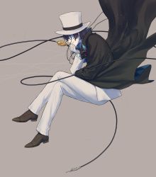 Rule 34 | 1boy, absurdres, bad id, bad pixiv id, black cape, black hair, blue eyes, boots, brown footwear, bungou to alchemist, cape, edogawa ranpo (bungou to alchemist), formal, full body, gloves, grey gloves, grey hat, grey pants, hat, highres, invisible chair, male focus, monocle, pants, profile, sitting, smile, solo, suit, whip, yadosumi