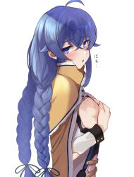 Rule 34 | 1girl, ahoge, blue eyes, blue hair, blue ribbon, blush, braid, breasts, brown cloak, buket pudding i, burnt clothes, cloak, covering breasts, covering privates, eyebrows hidden by hair, from side, hair between eyes, hair ribbon, highres, jacket, long hair, looking back, mole, mole on breast, mushoku tensei, open mouth, ribbon, roxy migurdia, sideboob, simple background, small breasts, solo, twin braids, upper body, very long hair, white background, white jacket