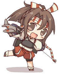 Rule 34 | 10s, 1girl, :d, aircraft, airplane, bow (weapon), brown eyes, brown hair, chibi, headband, holding, japanese clothes, kantai collection, kata meguma, looking at viewer, muneate, open mouth, ponytail, smile, solo, weapon, zuihou (kancolle)