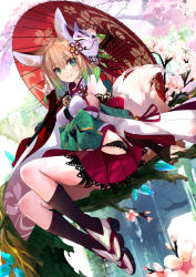Rule 34 | 1girl, animal ears, bell, black panties, black socks, blonde hair, bow, branch, breasts, cherry blossom print, cherry blossoms, commentary request, detached sleeves, dutch angle, floral print, fox ears, fox girl, fox mask, fox shadow puppet, fox tail, geta, gradient hair, green bow, green eyes, green hair, hair between eyes, hip vent, japanese clothes, jingle bell, kneehighs, lace, lace-trimmed panties, lace trim, large bow, legs, light smile, looking at viewer, mask, medium breasts, medium hair, multicolored hair, obi, original, outdoors, panties, parted lips, pleated skirt, red skirt, ribbon, ribbon-trimmed legwear, ribbon trim, sandals, sash, shirokitsune, shiroro, sitting, skirt, socks, solo, tabi, tail, thigh strap, underwear, white socks, wide sleeves, zouri