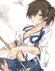Rule 34 | 10s, 1girl, bad id, bad pixiv id, bow (weapon), breasts, brown hair, cleavage, kaga (kancolle), kantai collection, large breasts, mope, navel, short hair, side ponytail, solo, torn clothes, weapon, yellow eyes
