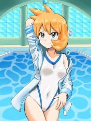 Rule 34 | 1girl, aqua eyes, arm behind head, arm up, artist name, blue background, blue jacket, blue theme, blush, breasts, closed mouth, collarbone, covered navel, cowboy shot, creatures (company), female focus, game freak, gym leader, happy, highres, indoors, jacket, long sleeves, looking at viewer, medium breasts, microsoft windows, misty (pokemon), nintendo, off shoulder, one-piece swimsuit, open clothes, open jacket, orange hair, pokemon, pokemon hgss, pool, shiny clothes, short hair, shougun (chuckni1), signature, skindentation, smile, solo, standing, swimsuit, water, white one-piece swimsuit