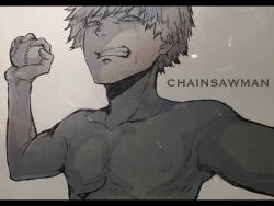 Rule 34 | 1boy, baseball, chainsaw man, collarbone, crying, denji (chainsaw man), grimace, highres, monochrome, nipples, open mouth, pectorals, ryo titor09, sad, topless male, short hair, solo, tears, teeth, throwing