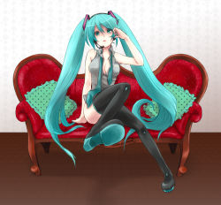 Rule 34 | 1girl, aqua eyes, aqua hair, bad id, bad pixiv id, couch, hatsune miku, headphones, headset, legs, long hair, miki meteor, mikki (artist), necktie, no pants, red upholstery, sitting, solo, thighhighs, twintails, very long hair, vocaloid