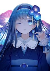 Rule 34 | 1girl, absurdres, blue eyes, blue hair, blue kimono, blue theme, blunt bangs, blush, collar, commentary request, earrings, fireworks, flat chest, flower, frilled collar, frilled headwear, frills, hair flower, hair ornament, hand up, headband, highres, hitoba, japanese clothes, jewelry, kimono, layered clothes, long hair, looking at viewer, morning glory, obi, one eye closed, original, parted lips, ribbon, sash, shadow, shirt, sidelocks, single wrist cuff, solo, tassel, tassel earrings, upper body, white background, white shirt, wrist cuffs, wrist ribbon