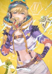 Rule 34 | !, !!, 1girl, animal ear headphones, animal ears, animification, apex legends, blonde hair, blue hat, blush, cat ear headphones, cellphone, chinese commentary, cropped shirt, crown, electricity, fake animal ears, gloves, hack (apex legends), hand on own hip, hat, headphones, highres, holding, holding phone, hood, hooded jacket, jacket, lichtenberg figure, looking at viewer, multicolored clothes, multicolored jacket, navel, nessie (respawn), non-humanoid robot, official alternate costume, phone, purple gloves, purple jacket, robot, scar, scar on face, scar on stomach, selfie, shirt, short hair, shorts, shoulder spikes, smartphone, smile, solo, spikes, sticker, stuffed toy, thunder kitty wattson, visor cap, wattson (apex legends), white shirt, white shorts, x x, yellow background, yellow jacket, zhongji