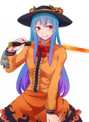 Rule 34 | 1girl, blue hair, gradient hair, hinanawi tenshi, kuroi no, long hair, multicolored hair, over shoulder, red eyes, solo, sword, sword of hisou, sword over shoulder, tongue, tongue out, touhou, weapon, weapon over shoulder