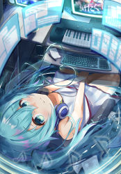 Rule 34 | 1girl, aqua eyes, aqua hair, chair, collarbone, computer, dress, from above, hatsune miku, headphones, headphones around neck, highres, instrument, itoyoshi tsumugi, keyboard (computer), keyboard (instrument), looking at viewer, looking up, monitor, musical note, paper, pen, sitting, smile, solo, strapless, strapless dress, twintails, vocaloid, white dress