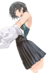 Rule 34 | 1girl, absurdres, amagami, black eyes, black hair, black one-piece swimsuit, black skirt, closed mouth, competition swimsuit, highres, looking at viewer, nanasaki ai, one-piece swimsuit, pleated skirt, shirt, simple background, skirt, solo, swimsuit, swimsuit under clothes, takashi (cry 191), undressing, white background, white shirt