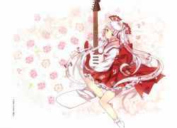 Rule 34 | 1girl, absurdres, adapted costume, alternate hairstyle, blunt bangs, blush, bobby socks, bow, domotolain, electric guitar, feet out of frame, fender stratocaster, floral background, fujiwara no mokou, guitar, hair bow, head tilt, highres, hime cut, holding, holding instrument, huge filesize, instrument, japanese clothes, kimono, long hair, long sleeves, looking at viewer, no shoes, obi, ofuda, petticoat, red eyes, red sash, red skirt, sash, scan, silver hair, skirt, socks, solo, suspenders, thighs, touhou, translation request, twintails, very long hair, white bow, white kimono, white socks, wide sleeves