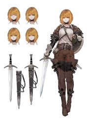 Rule 34 | 1girl, absurdres, angry, belt, blonde hair, boots, buckle, character sheet, choker, expressions, happy, highres, holding, holding weapon, jun (navigavi), leather, original, sad, scabbard, sheath, shortsword (navigavi), smile, solo, vambraces, weapon, yellow eyes