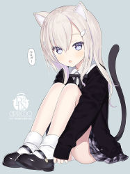 Rule 34 | 1girl, animal ears, artist name, black footwear, blonde hair, blue eyes, capriccio, cat ears, cat girl, cat tail, chestnut mouth, commentary, full body, grey background, hair between eyes, hair ornament, hairclip, light blush, long hair, long sleeves, looking at viewer, open mouth, original, panties, panty peek, plaid, plaid skirt, shoes, simple background, sitting, skirt, sleeves past wrists, socks, solo, tail, translated, underwear, white panties, white socks