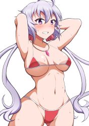 Rule 34 | 1girl, ahoge, arms up, bikini, blush, breasts, breasts apart, commentary request, embarrassed, gluteal fold, hair between eyes, highres, jewelry, large breasts, light purple hair, long hair, looking at viewer, low twintails, micro bikini, navel, necklace, parted lips, purple eyes, red bikini, scrunchie, senki zesshou symphogear, simple background, solo, sukeberosu, sweat, swimsuit, teeth, twintails, underboob, very long hair, white background, yukine chris