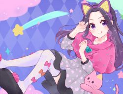 Rule 34 | 1girl, :q, aikatsu!, aikatsu! (series), animal ears, argyle, argyle background, argyle clothes, black hair, blue background, bow, braid, capelet, cat, cat ears, check (check book), cloud, commentary request, dress, fake animal ears, grey dress, heart, long hair, long sleeves, looking at viewer, no bangs, orange bow, paw pose, pink bow, pink capelet, polka dot capelet, print dress, purple eyes, shirakaba risa, shooting star, slippers, solo, sparkle, thighhighs, tongue, tongue out, white thighhighs