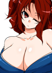 Rule 34 | 1girl, :&lt;, ;&lt;, bare shoulders, breasts, cleavage, collarbone, female focus, hair bobbles, hair ornament, huge breasts, one eye closed, onozuka komachi, red eyes, red hair, short hair, simple background, solo, tajima yuuki, touhou, twintails, two side up, white background, wink