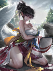 Rule 34 | arenbi, artist name, black hair, breasts, cleavage, earrings, feathers, hand fan, holding, holding fan, inuyasha, japanese clothes, jewelry, kagura (inuyasha), kimono, large breasts, outdoors, pointy ears, sarashi, signature, torn clothes, water, waterfall