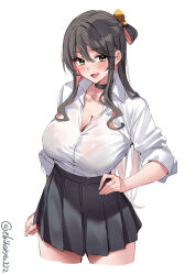 Rule 34 | 1girl, black choker, black skirt, blush, bra visible through clothes, breasts, choker, cleavage, cowboy shot, cropped legs, dress shirt, ebifurya, fang, green eyes, grey hair, hair between eyes, hair ribbon, hand on own hip, highres, kantai collection, large breasts, long hair, looking at viewer, multicolored hair, naganami (kancolle), one-hour drawing challenge, open mouth, pink hair, pleated skirt, ribbon, see-through, shirt, shirt tucked in, sidelocks, simple background, skirt, smile, solo, thighs, twitter username, two-tone hair, very long hair, white background, white shirt