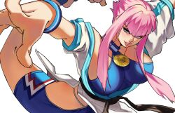 Rule 34 | 1girl, blue eyes, breasts, dougi, highres, hime cut, hip vent, large breasts, leg up, manon legrand, martial arts belt, mega mochio, pink hair, sideboob, sideboob cutout, standing, standing on one leg, street fighter, street fighter 6, white background, wristband