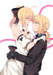 Rule 34 | 2girls, absurdres, ahoge, artoria pendragon (all), artoria pendragon (fate), black gloves, blonde hair, blush, commentary request, detached collar, detached sleeves, dress, fate (series), formal, gloves, green eyes, hair ribbon, highres, looking at another, mordred (fate), mordred (fate/apocrypha), multiple girls, ponytail, ribbon, saber (fate), saber lily, smile, suit, white dress, white gloves, yorukun, yuri