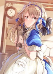 Rule 34 | 1girl, apron, blue dress, blurry, blurry background, bow, brown eyes, brown hair, dress, highres, holding, ina (inadahime), indoors, long hair, looking at viewer, maid, maid headdress, original, puffy short sleeves, puffy sleeves, short sleeves, solo, white apron