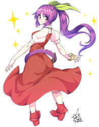 Rule 34 | 1girl, belt, boots, bracelet, closed mouth, collared shirt, commentary request, dress, from behind, full body, hair ribbon, highres, jewelry, long hair, looking at viewer, looking back, partial commentary, ponytail, puffy short sleeves, puffy sleeves, purple belt, purple hair, red dress, red eyes, red footwear, ribbon, shirt, short sleeves, signature, simple background, solo, standing, star (symbol), touhou, umigarasu (kitsune1963), v-shaped eyebrows, very long hair, watatsuki no yorihime, white background, white shirt, yellow ribbon