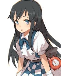 Rule 34 | 1girl, alchera, asashio (kancolle), black hair, blue eyes, blue neckwear, checkered clothes, checkered skirt, commentary request, compass, cosplay, cowboy shot, enemy lifebuoy (kancolle), gloves, kantai collection, long hair, michishio (kancolle), michishio (kancolle) (cosplay), one-hour drawing challenge, open mouth, short sleeves, simple background, skirt, solo, two-tone dress, white background, white gloves