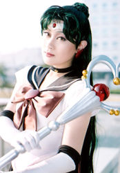 Rule 34 | bishoujo senshi sailor moon, cosplay, gloves, green hair, lowres, meiou setsuna, photo (medium), sailor pluto, wand