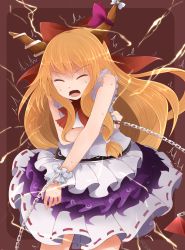 Rule 34 | 1girl, arano oki, brown hair, chain, closed eyes, horn ornament, horn ribbon, horns, ibuki suika, long hair, open mouth, ribbon, solo, sparks, sweat, torn clothes, torn sleeves, touhou