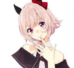 Rule 34 | 1girl, animal ears, bare shoulders, bow, collarbone, curren chan (umamusume), detached collar, finger to mouth, fingernails, hair between eyes, hair ornament, hand up, head tilt, horse ears, horse girl, looking at viewer, nail polish, pako (pakosun), pink nails, purple eyes, red bow, short hair, silver hair, simple background, smile, umamusume, white background