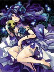 Rule 34 | 1girl, bad id, bad pixiv id, barefoot, blue flower, blue hair, blue rose, curly hair, dress, flower, grimgrimoire, long hair, lujei piche, md5 mismatch, megu (megu-milk), nail polish, red eyes, rose, silver hair, skull, smile, solo, soul cradle, sparkle, staff, tattoo, thorns, wand, witch